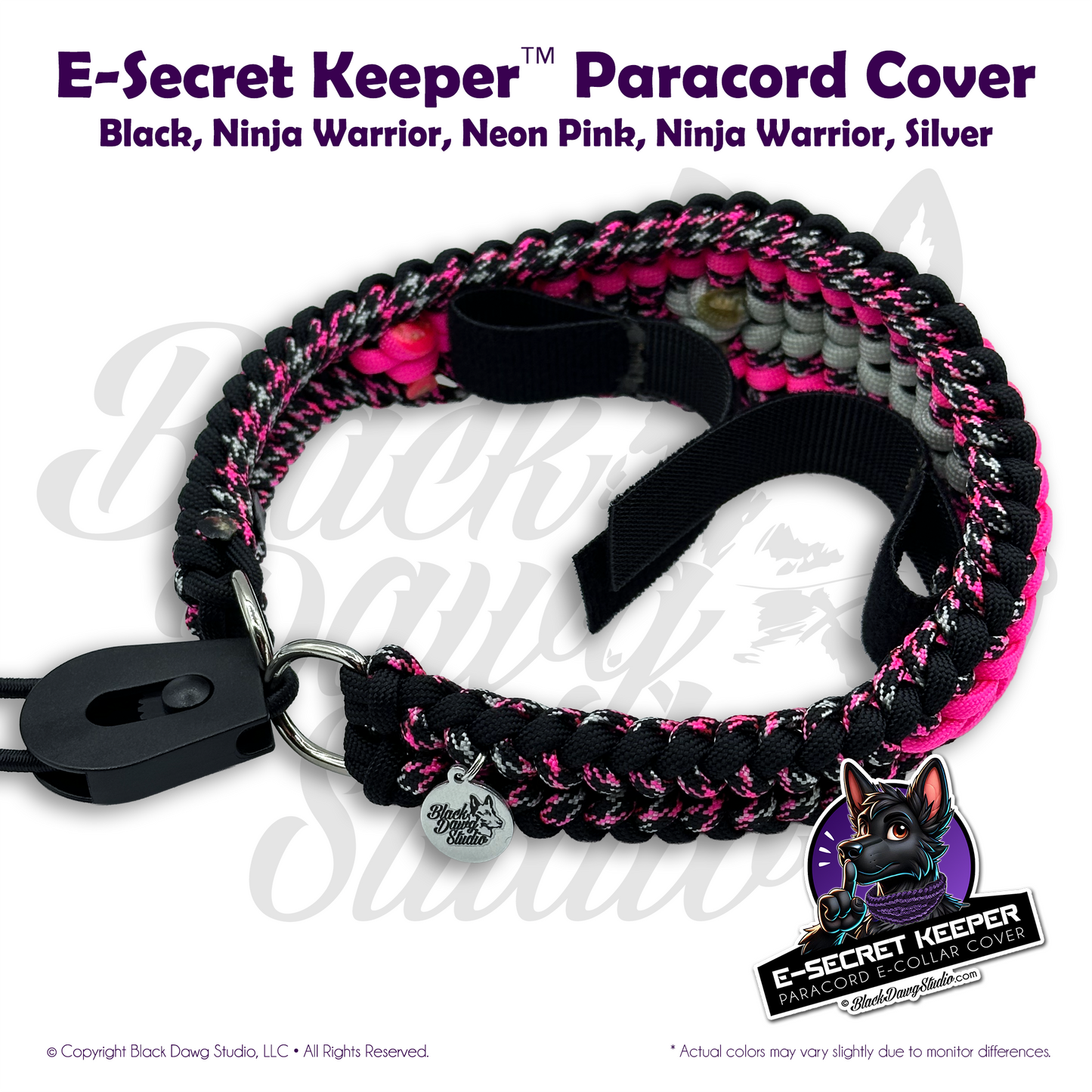 e-Secret Keeper Paracord Collar - Electric/Remote Training Collar Cover - Black, Ninja Warrior, Neon Pink, Ninja Warrior, Silver