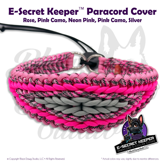 e-Secret Keeper Paracord Collar - Electric/Remote Training Collar Cover - Rose Pink, Pink Camo, Neon Pink, Pink Camo, and Silver