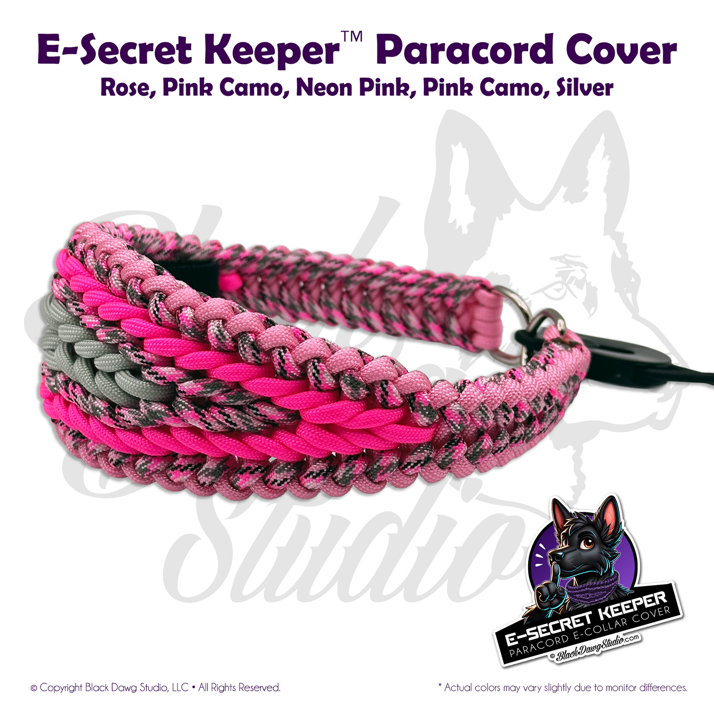 e-Secret Keeper Paracord Collar - Electric/Remote Training Collar Cover - Rose Pink, Pink Camo, Neon Pink, Pink Camo, and Silver