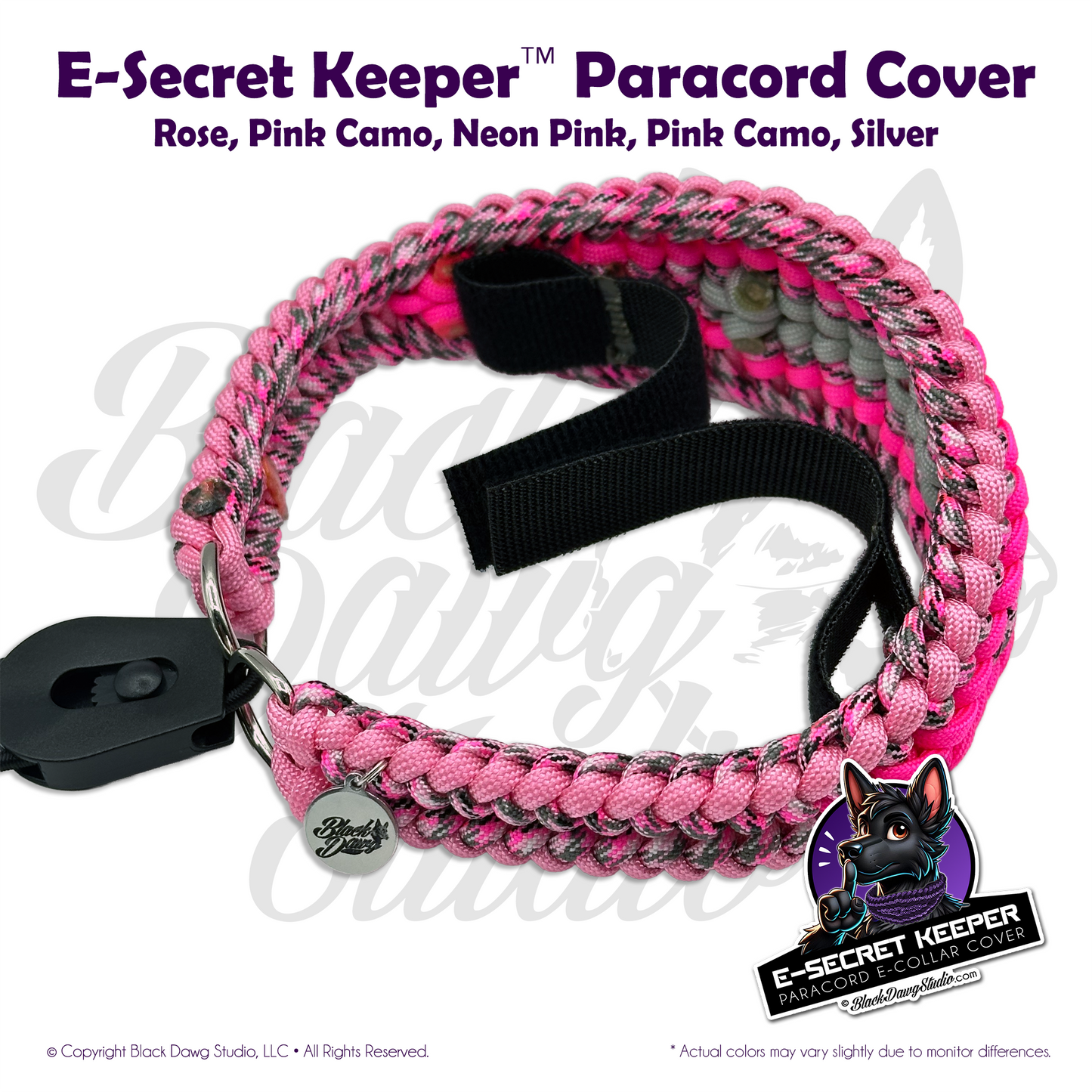 e-Secret Keeper Paracord Collar - Electric/Remote Training Collar Cover - Rose Pink, Pink Camo, Neon Pink, Pink Camo, and Silver