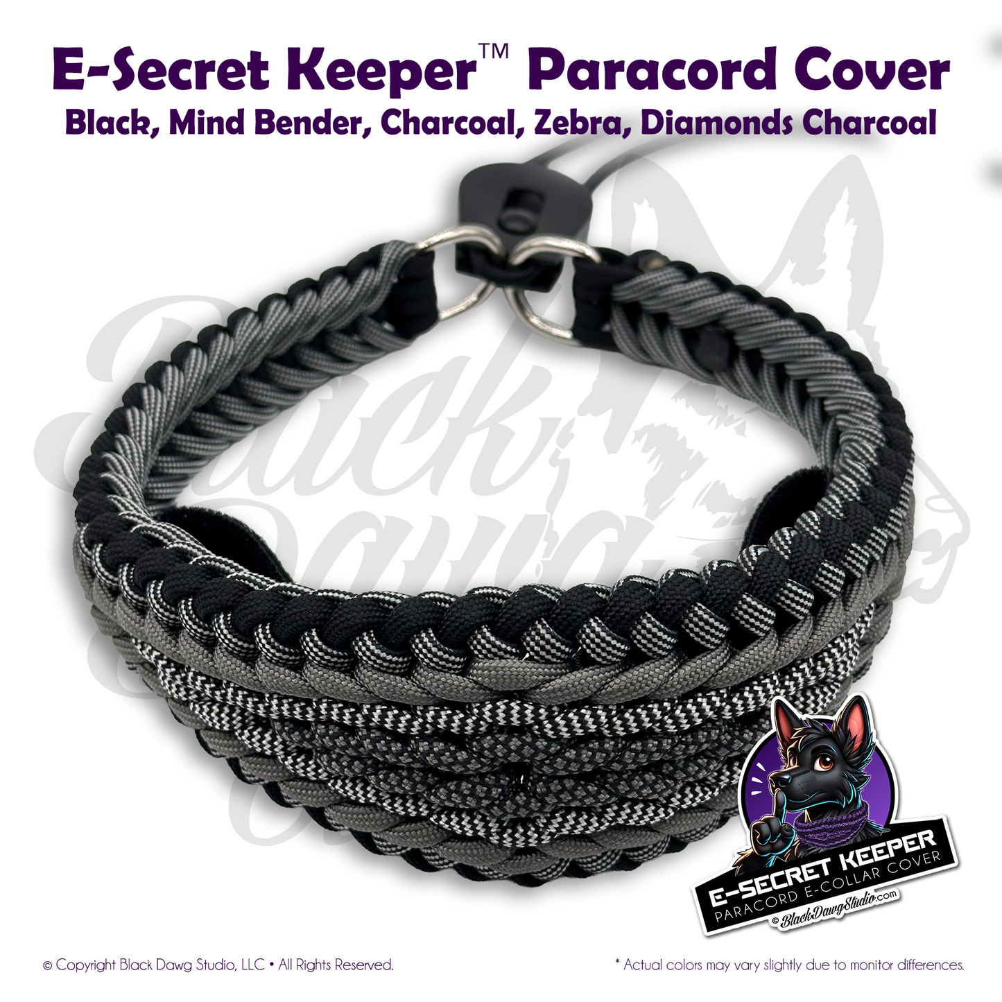 e-Secret Keeper Paracord Collar - Electric/Remote Training Collar Cover - Black, Mind Bender, Charcoal, Zebra, Diamond Charcoal