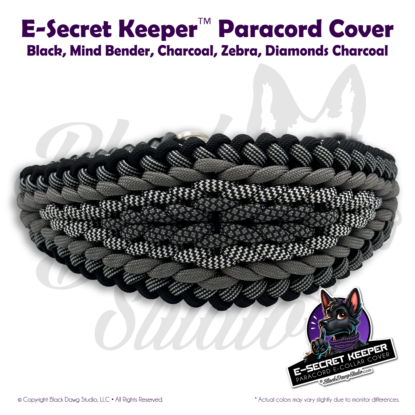 e-Secret Keeper Paracord Collar - Electric/Remote Training Collar Cover - Black, Mind Bender, Charcoal, Zebra, Diamond Charcoal