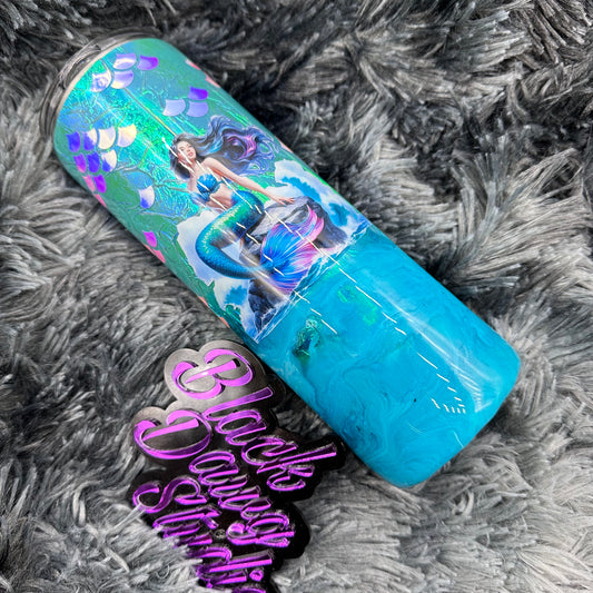 RTS 20oz Skinny Straight Tumbler Cellophane Iridescent | Glow in the Dark Ink Swirl Ocean | Mermaid decal with Opalescent Scales