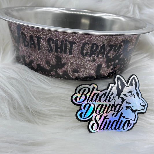 8-inch Dog Bowl - Pink Glitter Powerwash Bats - Bat Shit Crazy decal - Epoxy Tumbler for Dogs