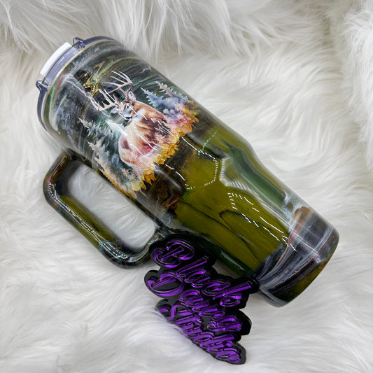 RTS 40oz Big Swig Handled Tumbler | Camo Wood Grain with Whisper Technique | Whitetail Deer decal