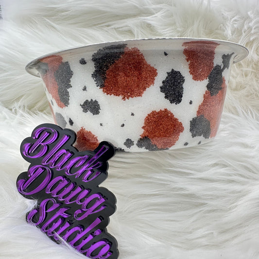 8-inch Dog Bowl - Glitter Cow Hide Print Hand Painted - Epoxy Tumbler for Dogs