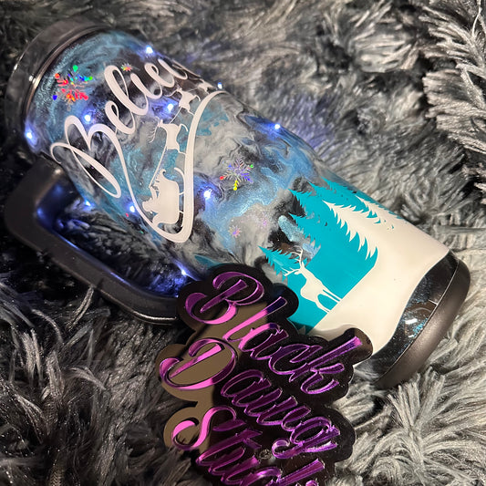 RTS 30oz Grippy Light-Up Tumbler | Winter Scene Ink Swirl Sky | Believe Christmas decal | LED White Lights Battery Operated