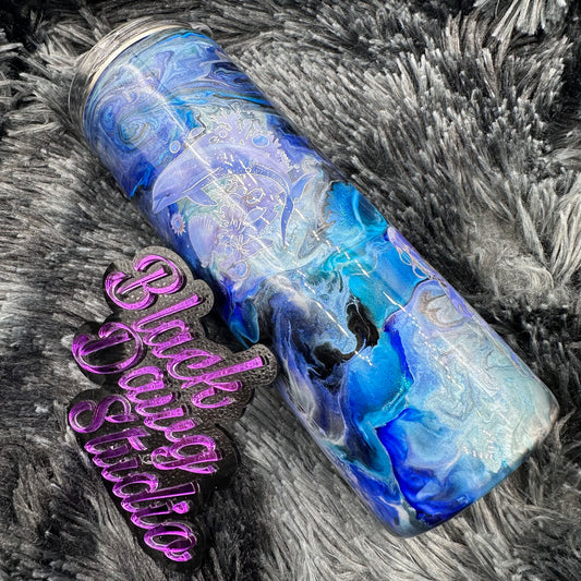 RTS 20oz Skinny Straight Tumbler | Blue Underwater Ink Swirl | Glow in the Dark | Dolphin and Jellyfish Holographic decals
