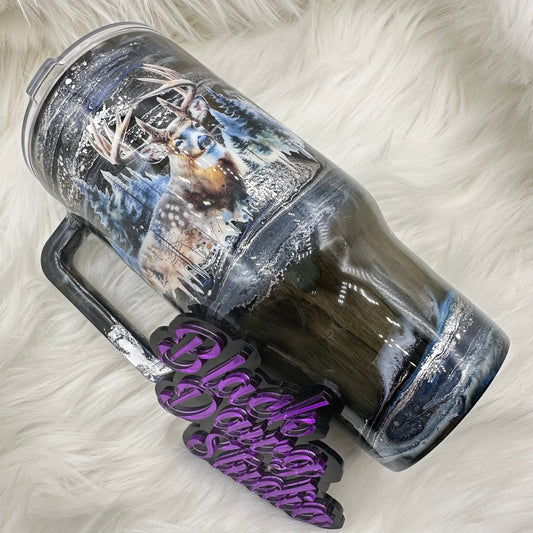 RTS 32oz Handled Tumbler | Gray Tone Wood Grain with Whisper Technique | Whitetail Deer decal