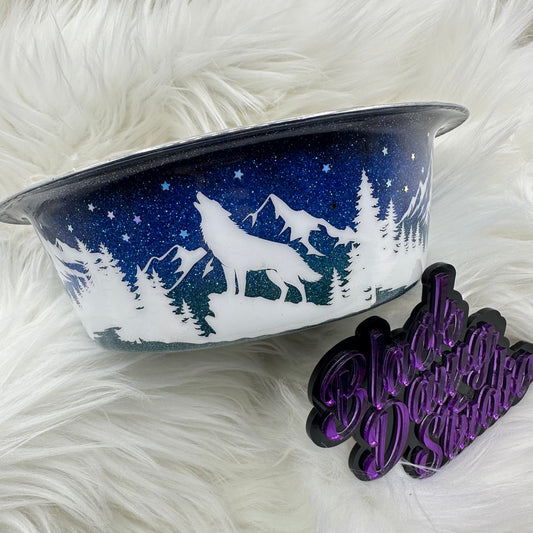 8-inch Dog Bowl - Glitter Night Sky Ombré with Stars | Mountain Landscape | Epoxy Tumbler for Dogs