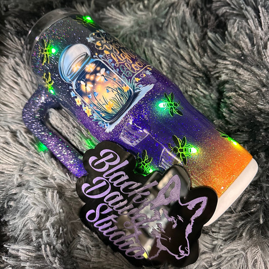 RTS 30oz Grippy Light-Up Tumbler | Fireflies Glitter Dusk Ombrè | Let Your Light Bloom decal | LED Green Lights Battery Operated
