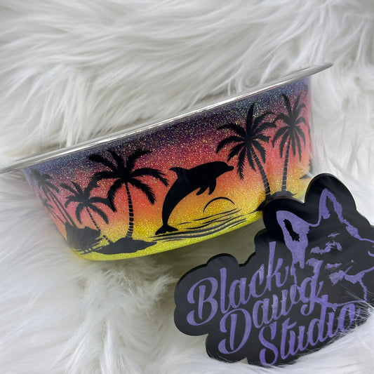 8-inch Dog Bowl - Glitter Sunset Sky Ombré with Stars | Tropical Landscape | Epoxy Tumbler for Dogs