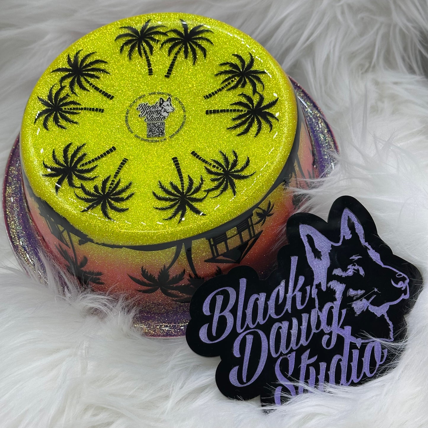 8-inch Dog Bowl - Glitter Sunset Sky Ombré with Stars | Tropical Landscape | Epoxy Tumbler for Dogs