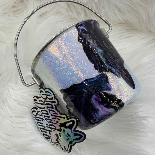 1qt Water Bucket Pail Dog Tumbler | Oil Spill over White Iridescent Glitter | Epoxy Tumbler for Dogs
