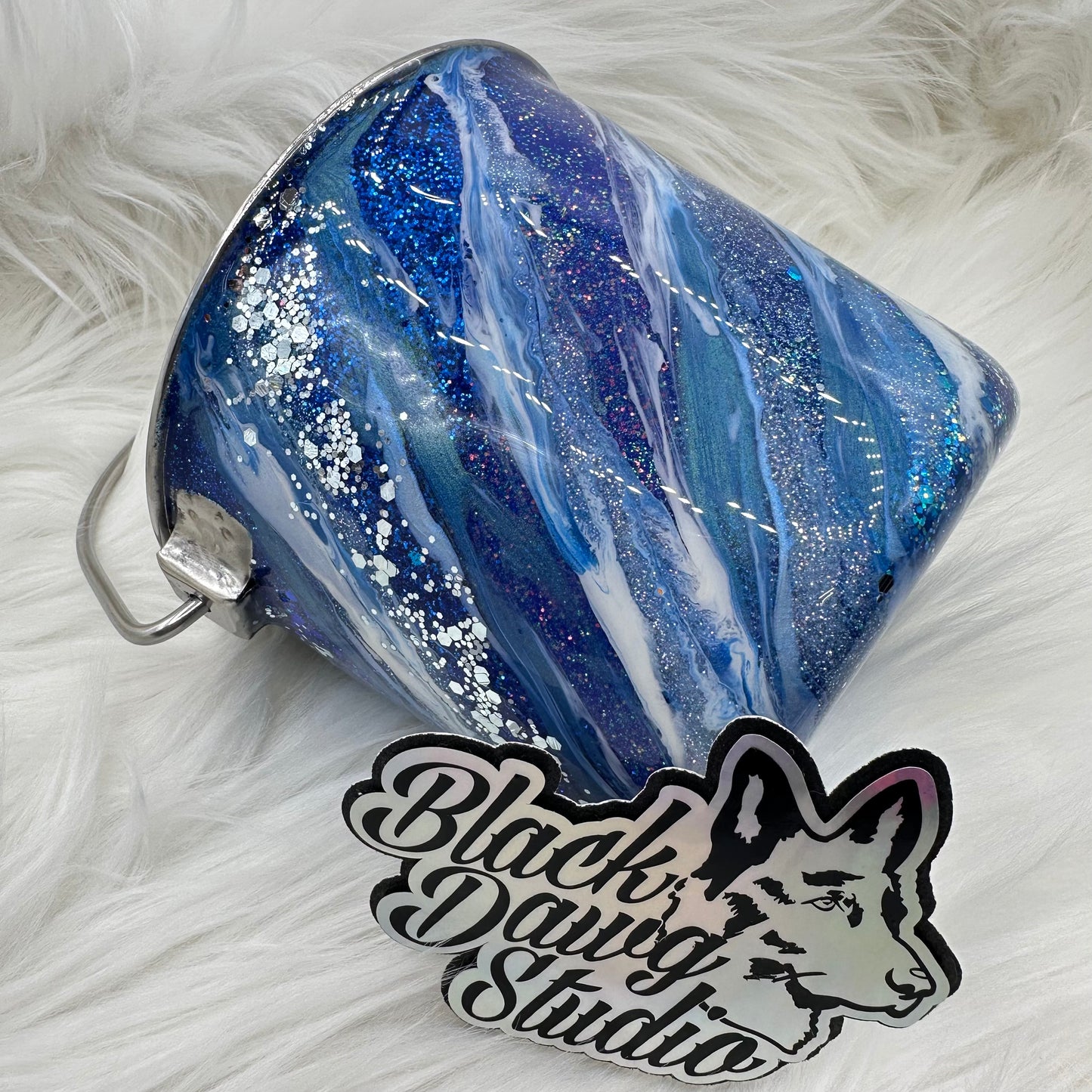 1qt Water Bucket Pail Dog Tumbler | Blue, White, & Silver Milkyway | Epoxy Tumbler for Dogs