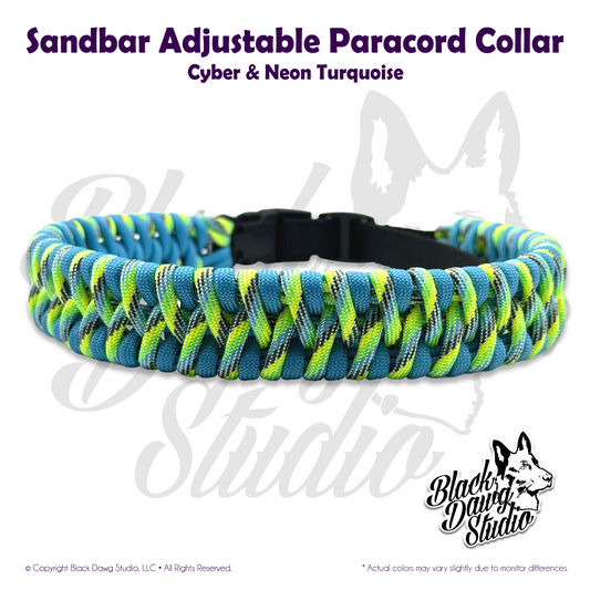 Sandbar Design Adjustable Paracord Dog Collar | Cyber & Neon Turquoise