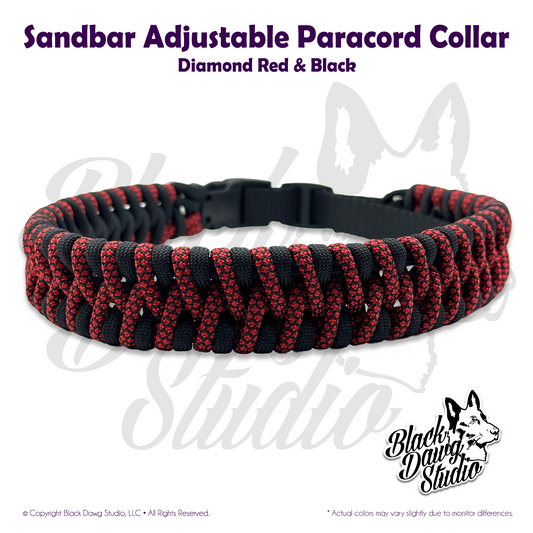 Sandbar Design Adjustable Paracord Dog Collar | Diamond Red & Black