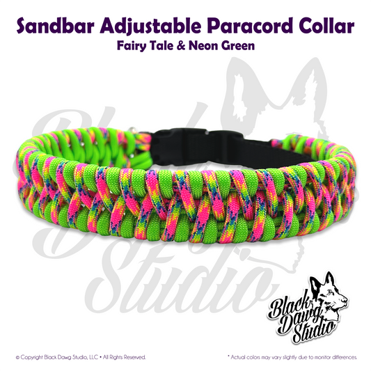 Sandbar Design Adjustable Paracord Dog Collar | Fairy Tale & Neon Green