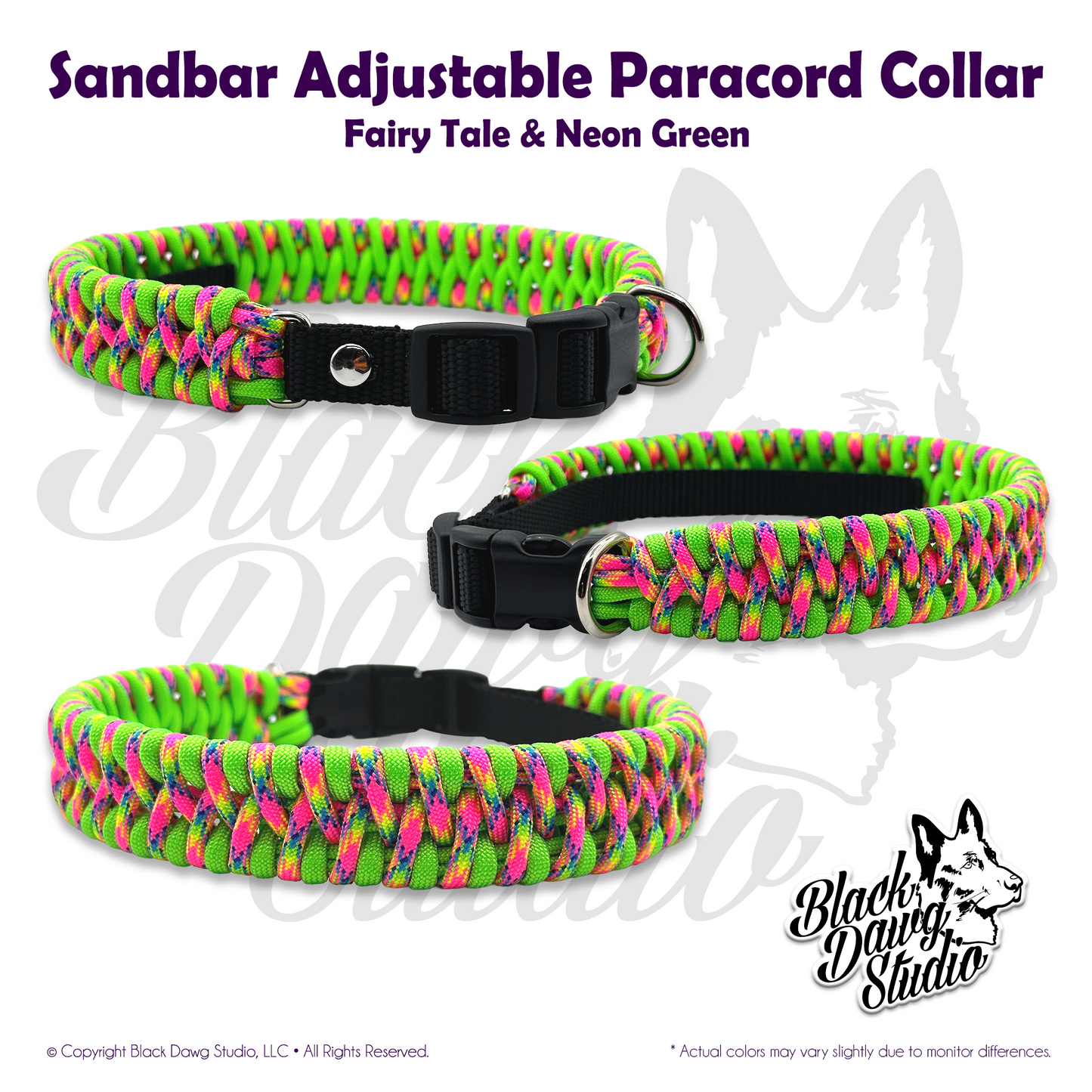 Sandbar Design Adjustable Paracord Dog Collar | Fairy Tale & Neon Green