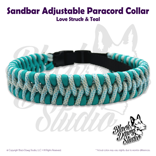 Sandbar Design Adjustable Paracord Dog Collar | Love Struck & Teal