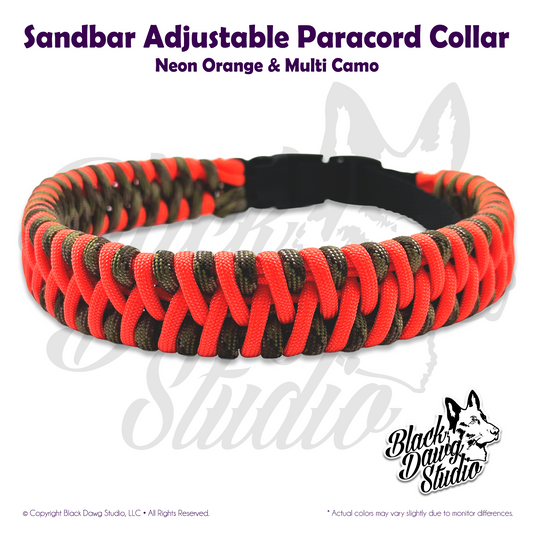 Sandbar Design Adjustable Paracord Dog Collar | Neon Orange & Multi Camo