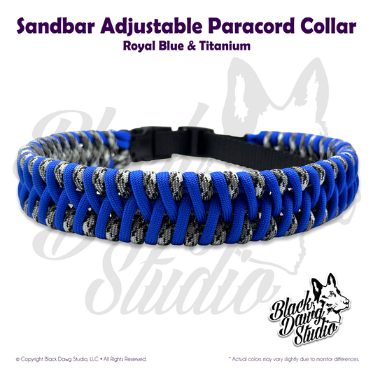 Sandbar Design Adjustable Paracord Dog Collar | Royal Blue & Titanium