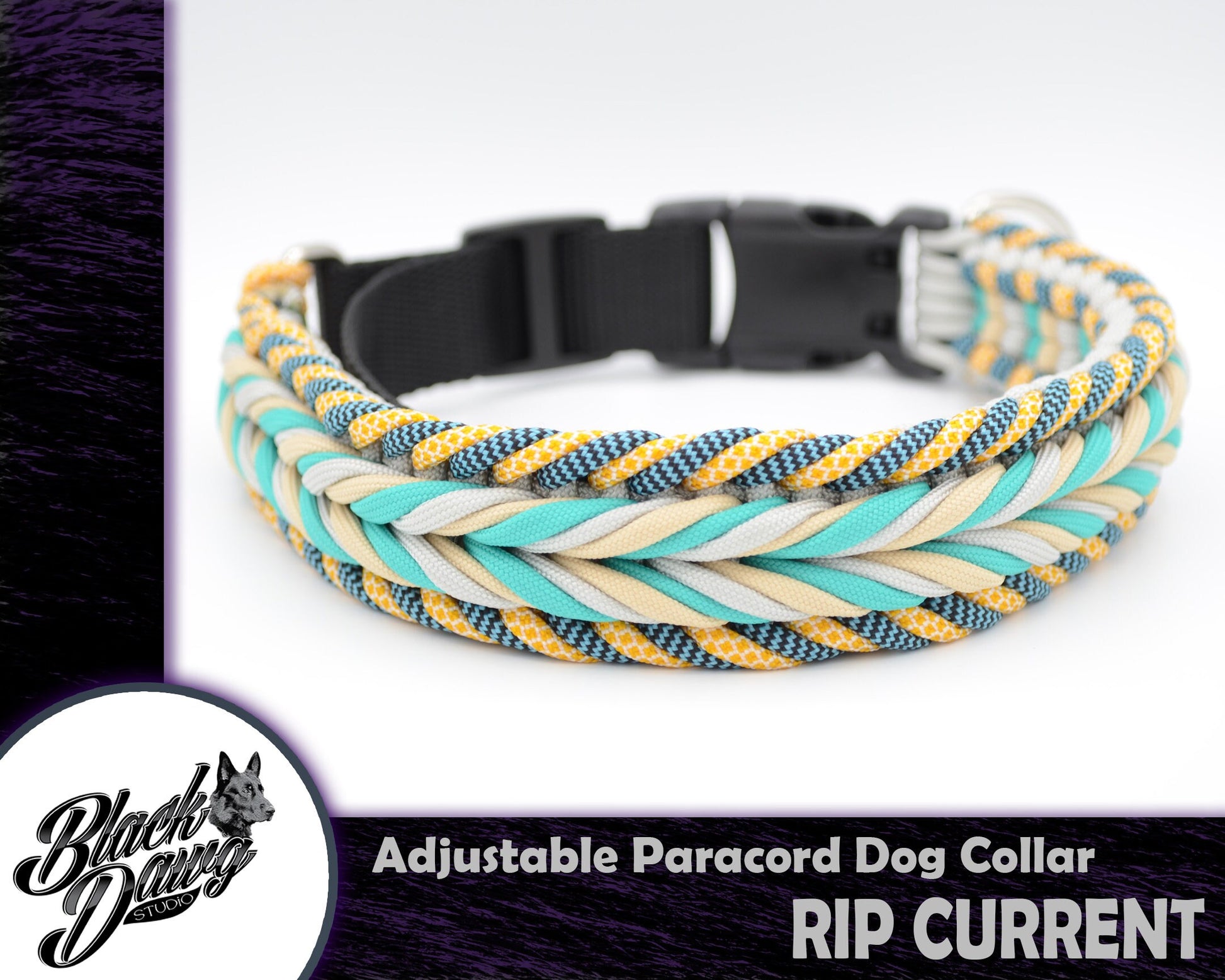 Rip Current Design Adjustable Paracord Dog Collar - Teal, Cream, Silver Grey, Diamond Turquoise/Cream, Honeycomb