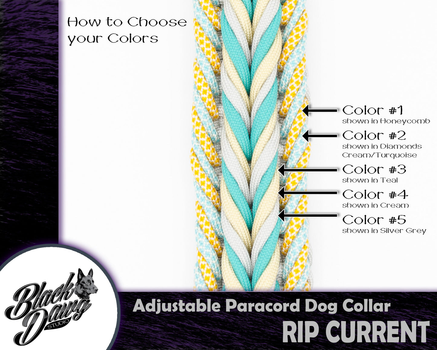 Rip Current Design Adjustable Paracord Dog Collar - Teal, Cream, Silver Grey, Diamond Turquoise/Cream, Honeycomb