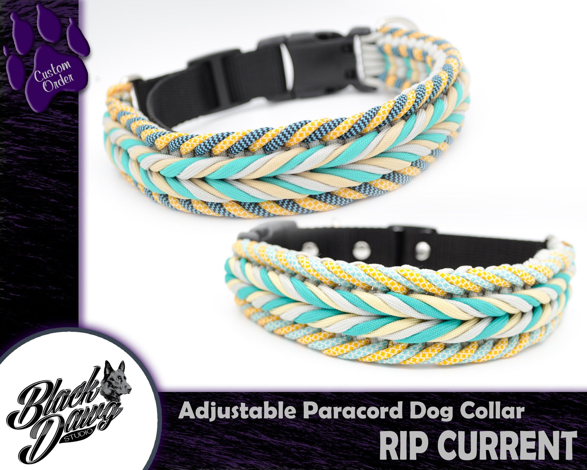 Rip Current Design Adjustable Paracord Dog Collar - Teal, Cream, Silver Grey, Diamond Turquoise/Cream, Honeycomb